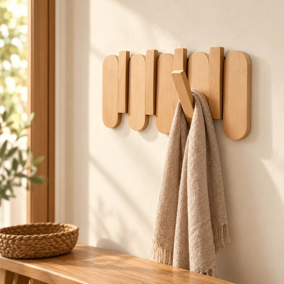 Porte-manteau mural compact en bois clair avec écharpe dans une entrée lumineuse