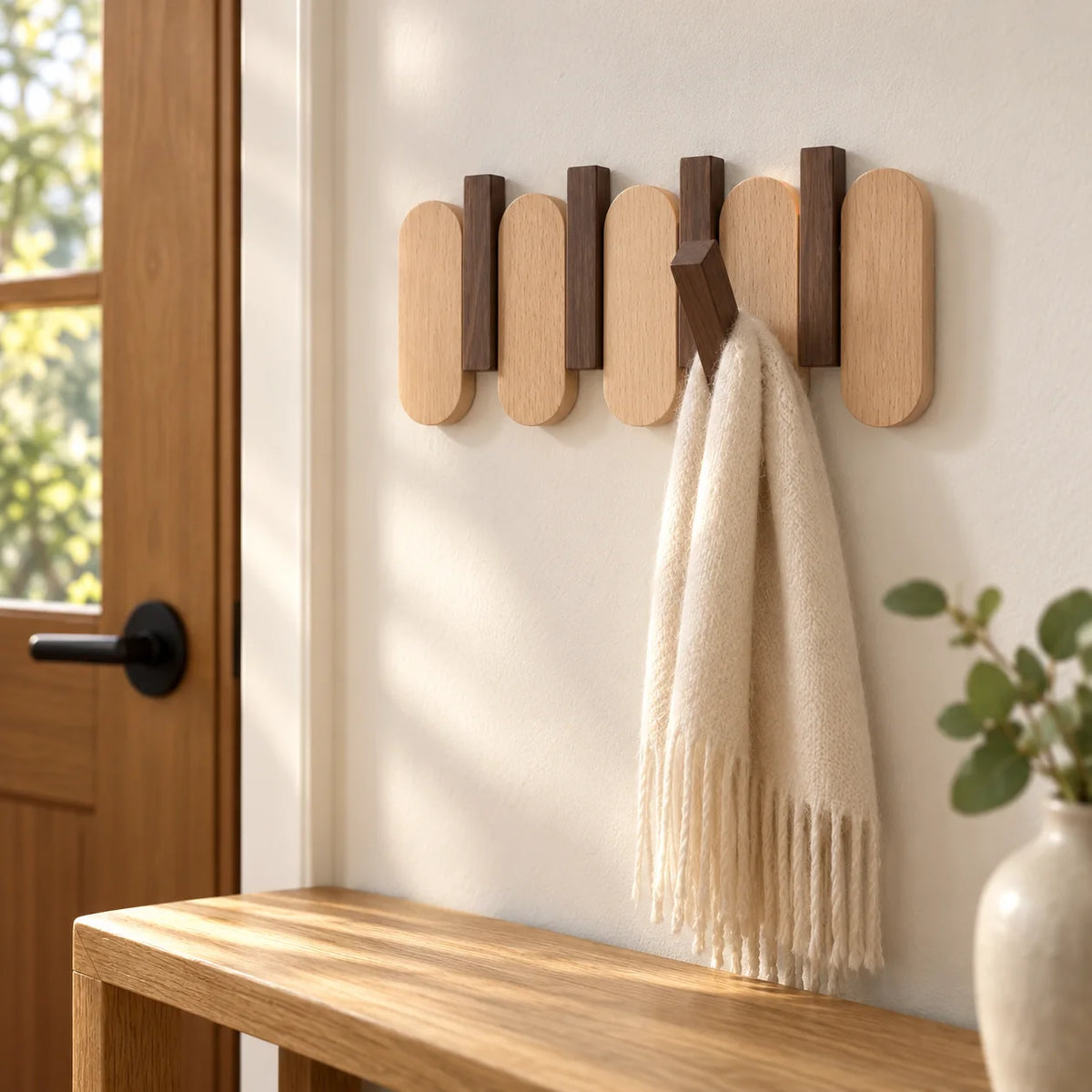 Petit porte-manteau mural en bois clair et foncé avec écharpe au-dessus d’un banc