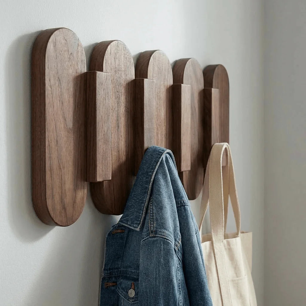 Vue rapprochée en angle du porte-manteau mural en bois foncé avec veste et sac