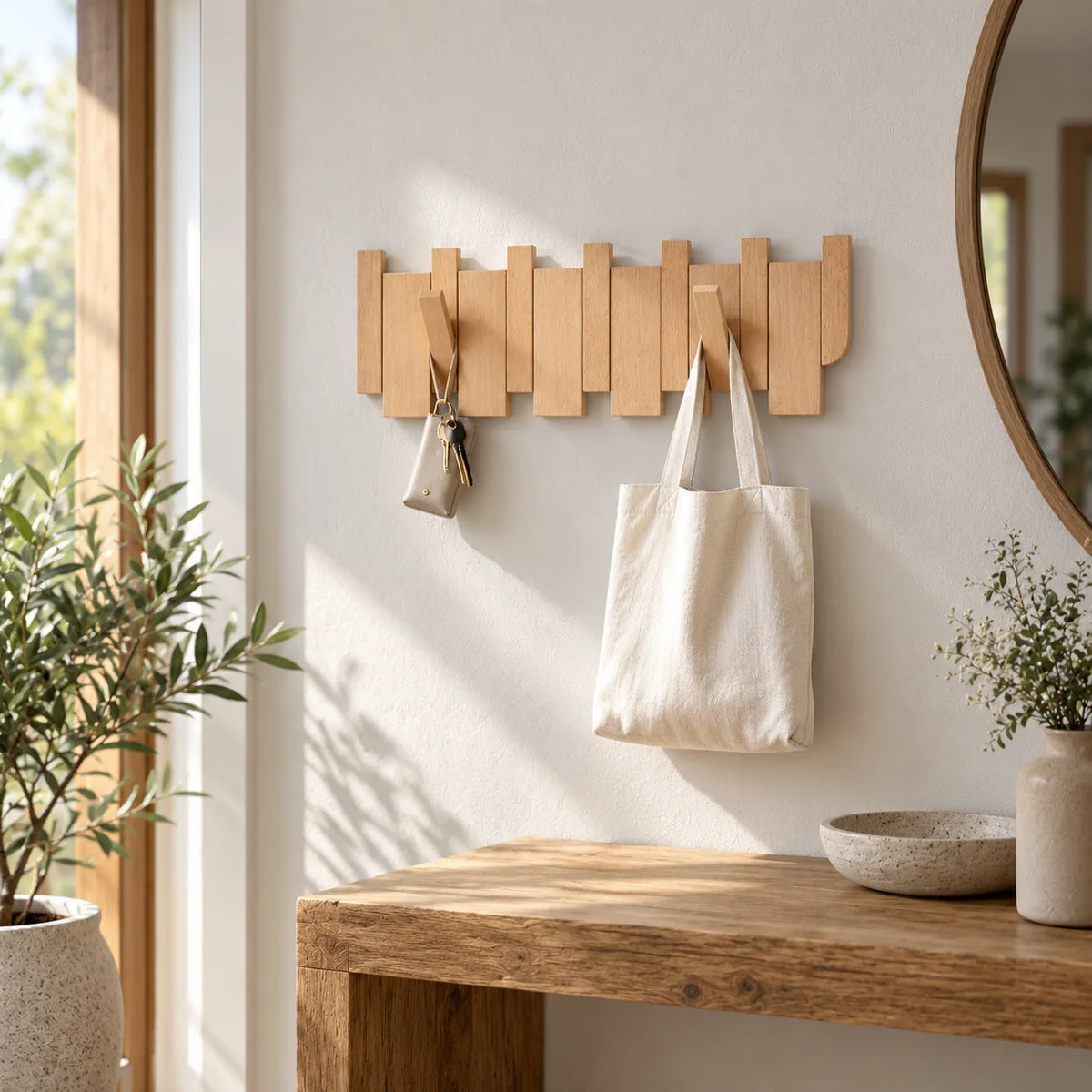 Porte-manteau mural compact en bois clair avec sac et clés près d’une console