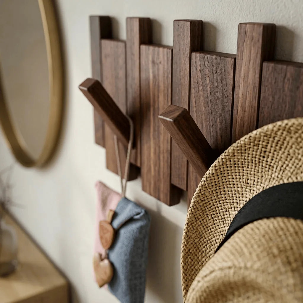 Gros plan original des crochets dépliés du porte-manteau compact en bois foncé