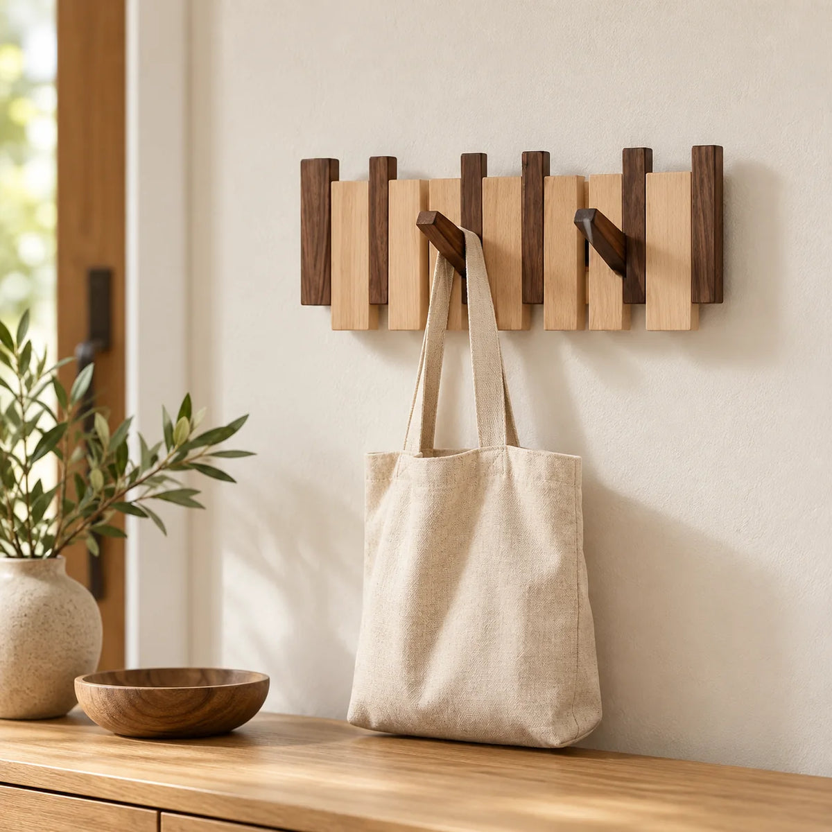 Porte-manteau mural en bois à lames alternées avec sac en toile dans une entrée