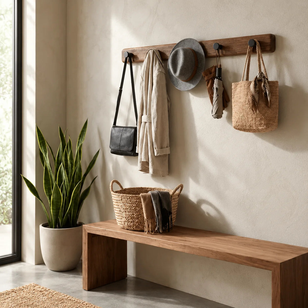 Vue rapprochée du porte-manteau mural en bois utilisé pour suspendre manteau et accessoires