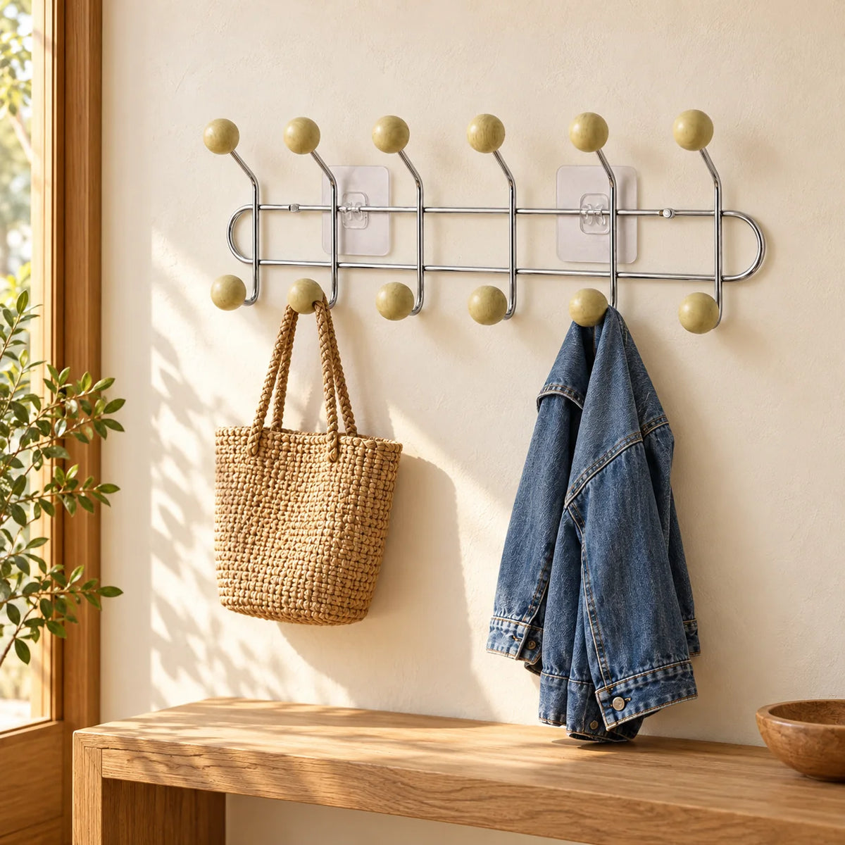 Porte-manteau mural chromé à six bras avec panier et veste dans une entrée ensoleillée