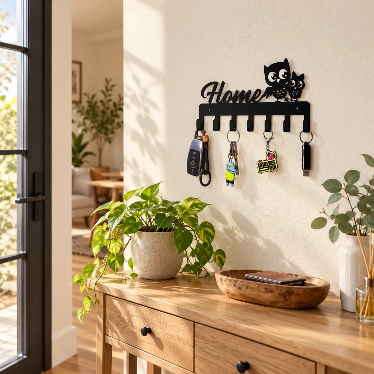 Vue de biais du porte-clés Home et de ses sept crochets dans une entrée lumineuse