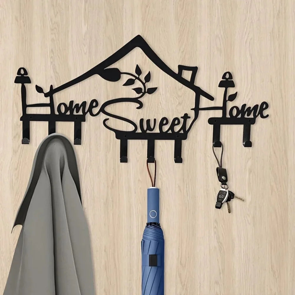 Photo originale du porte-manteau Home Sweet Home noir avec manteau, parapluie et clés