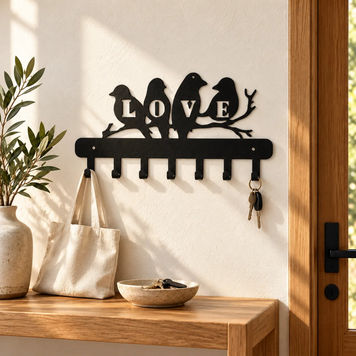 Porte-manteau LOVE noir dans la même entrée avec un sac en toile et des clés suspendus