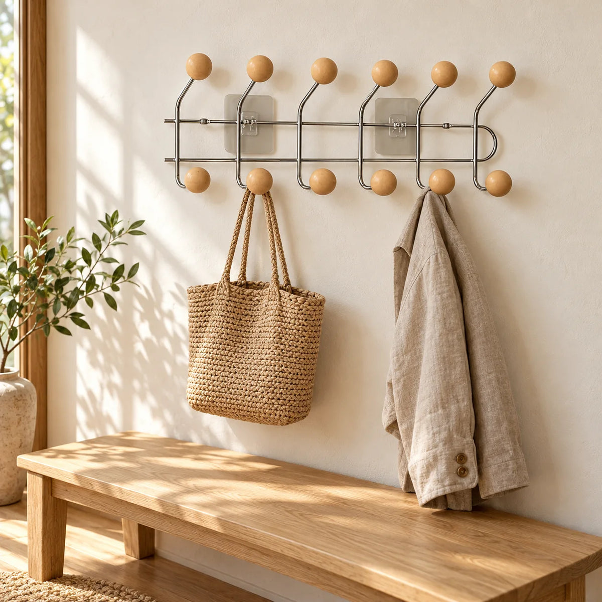 Porte-manteau mural chromé à boules bois avec sac et veste au-dessus d’un banc