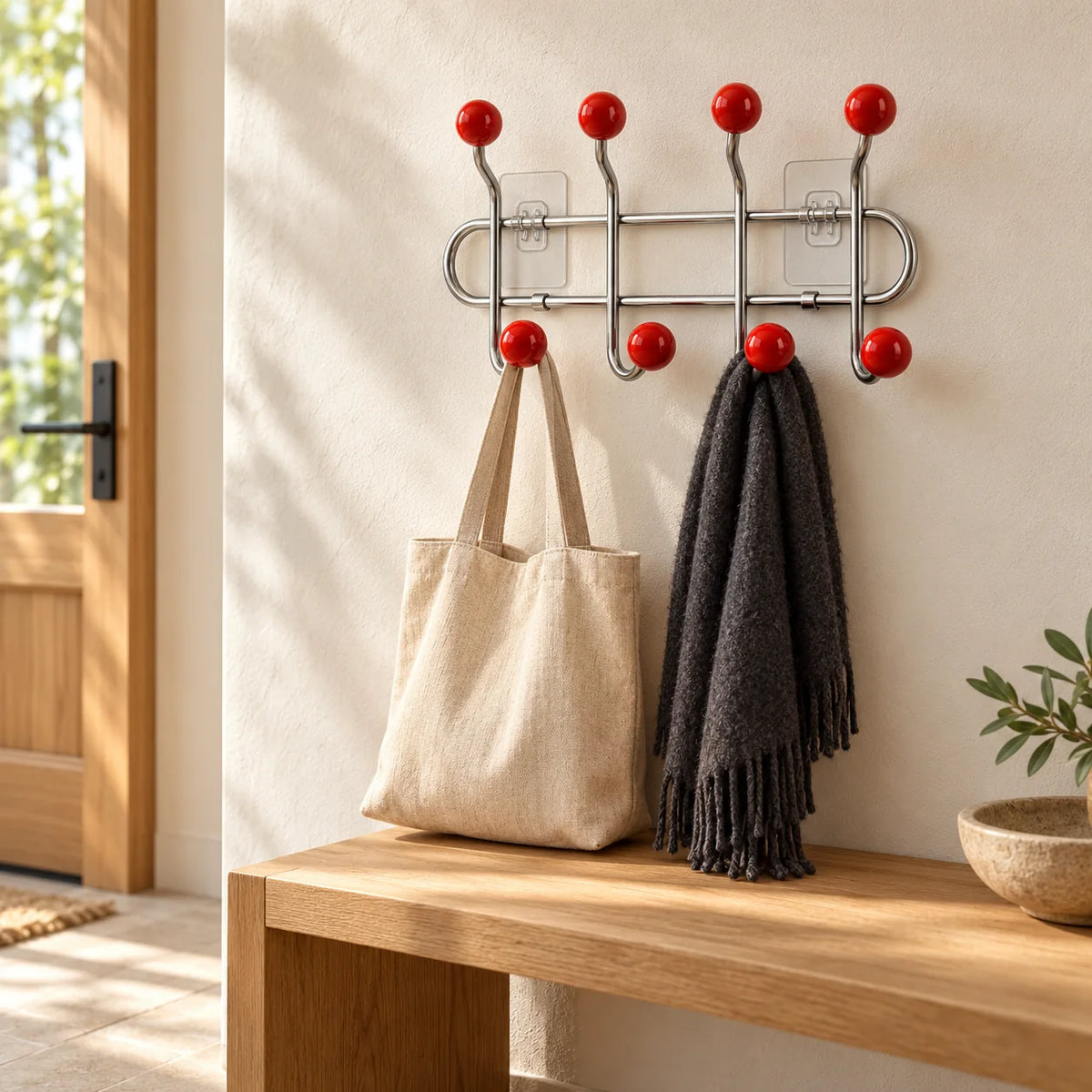 Porte-manteau mural chromé et rouge avec sac et écharpe au-dessus d’un banc