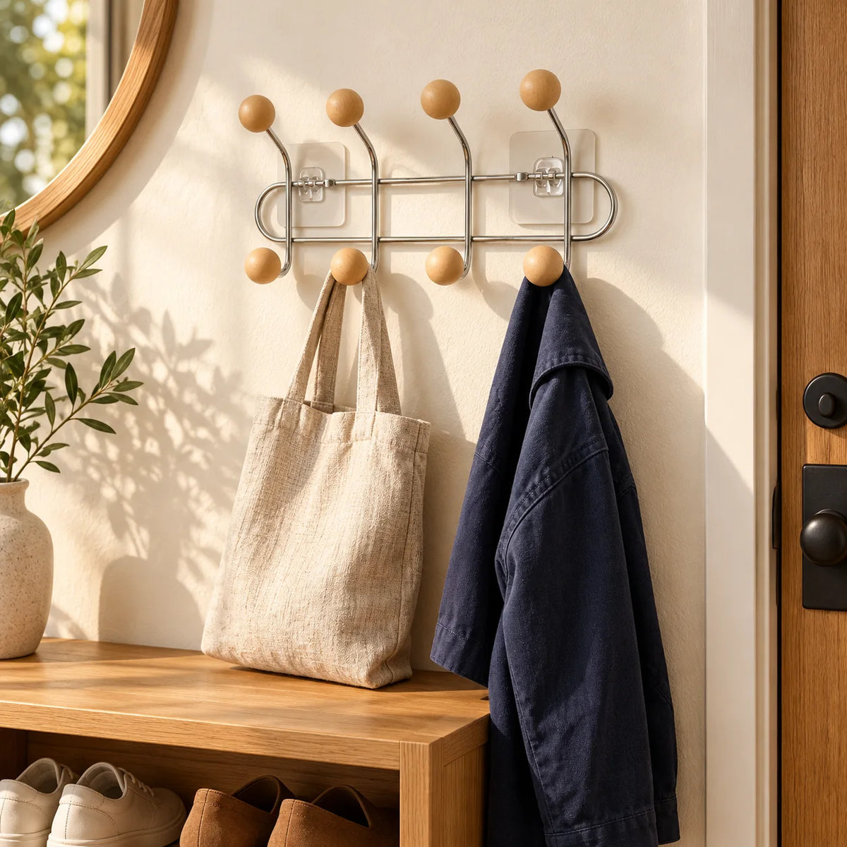 Porte-manteau chromé à boules bois avec sac et veste dans une entrée chaleureuse