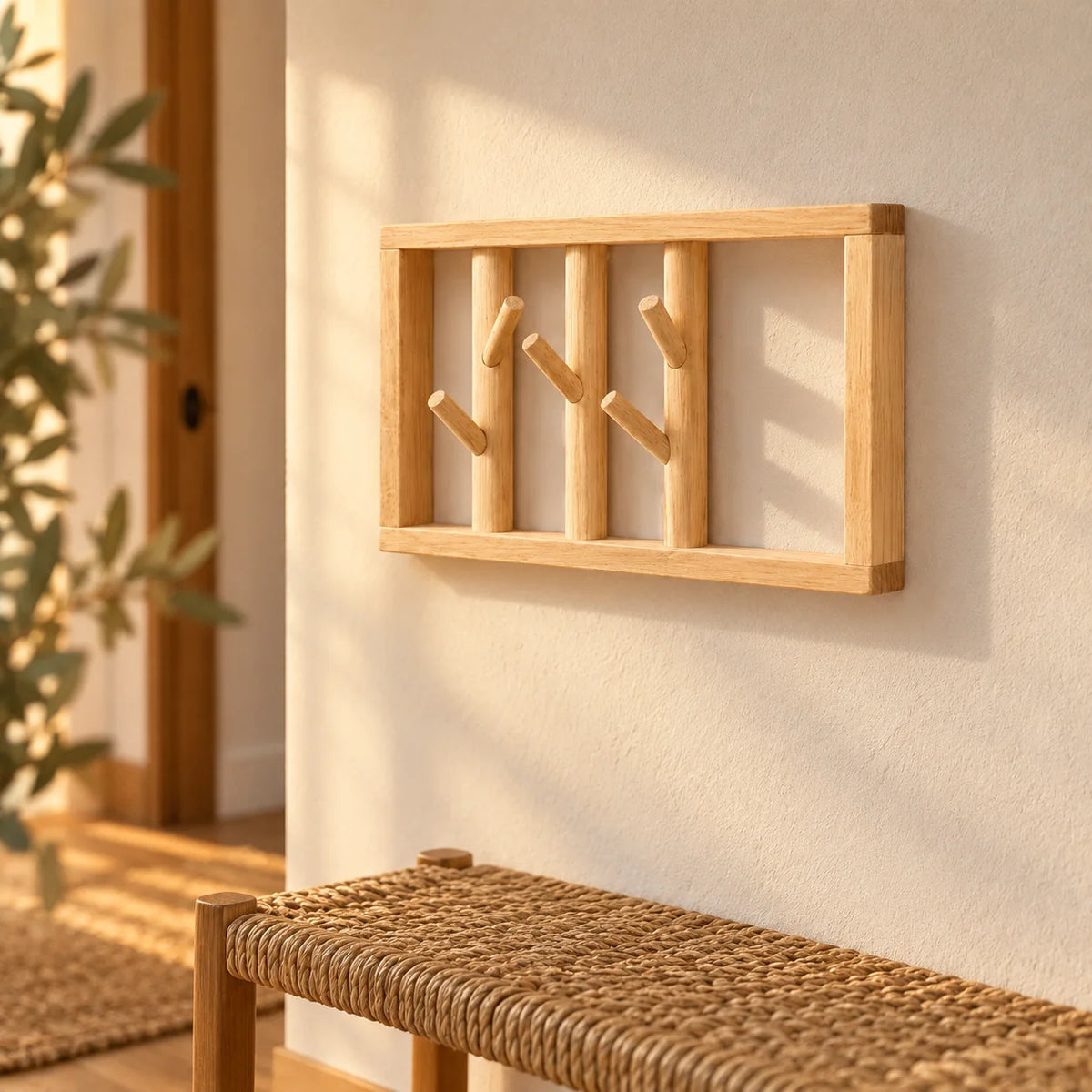 Porte-manteau Petite Tige Bois clair monté sur un mur d’entrée en lumière dorée