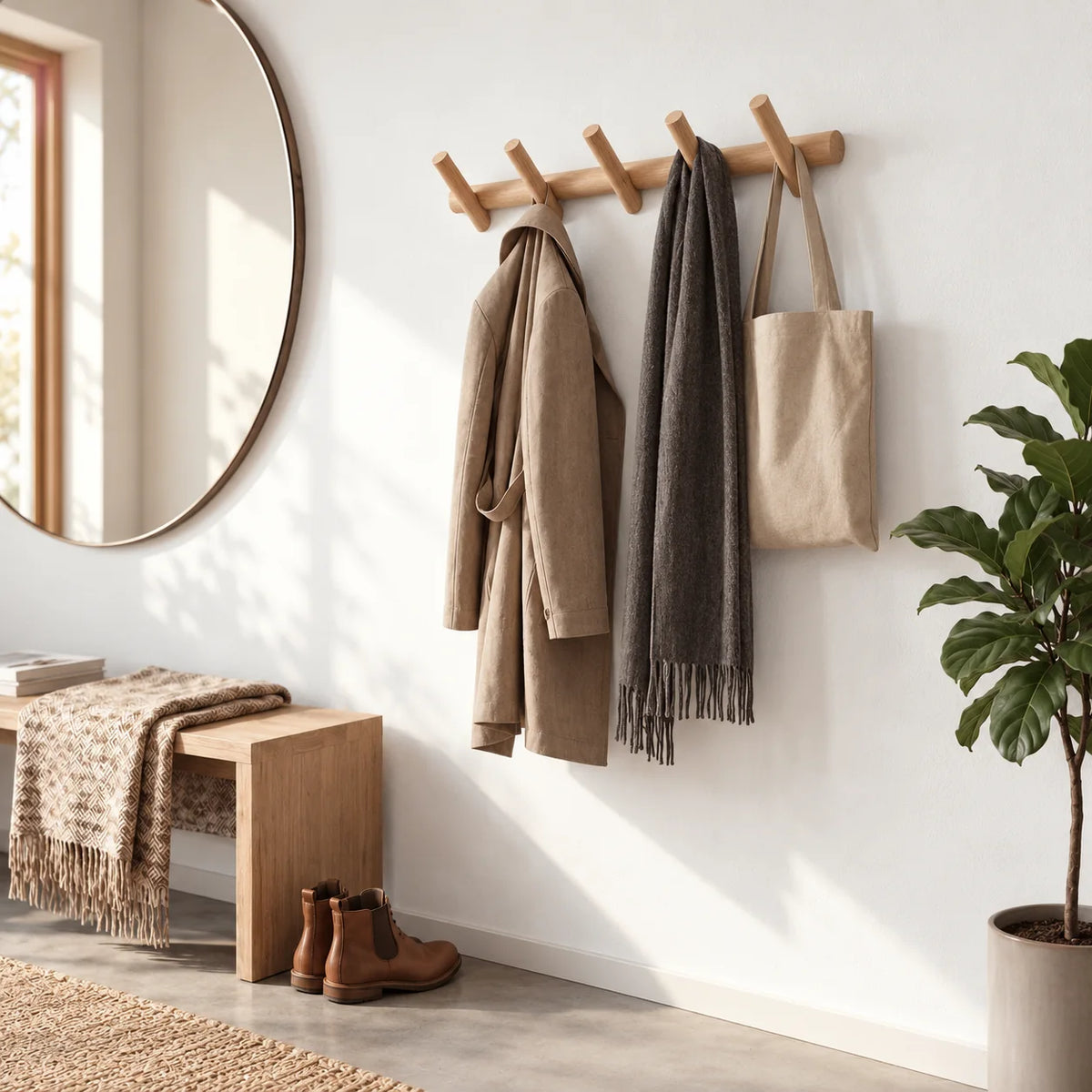 Porte-manteau mural à cinq patères en bois clair avec manteau, écharpe et sac