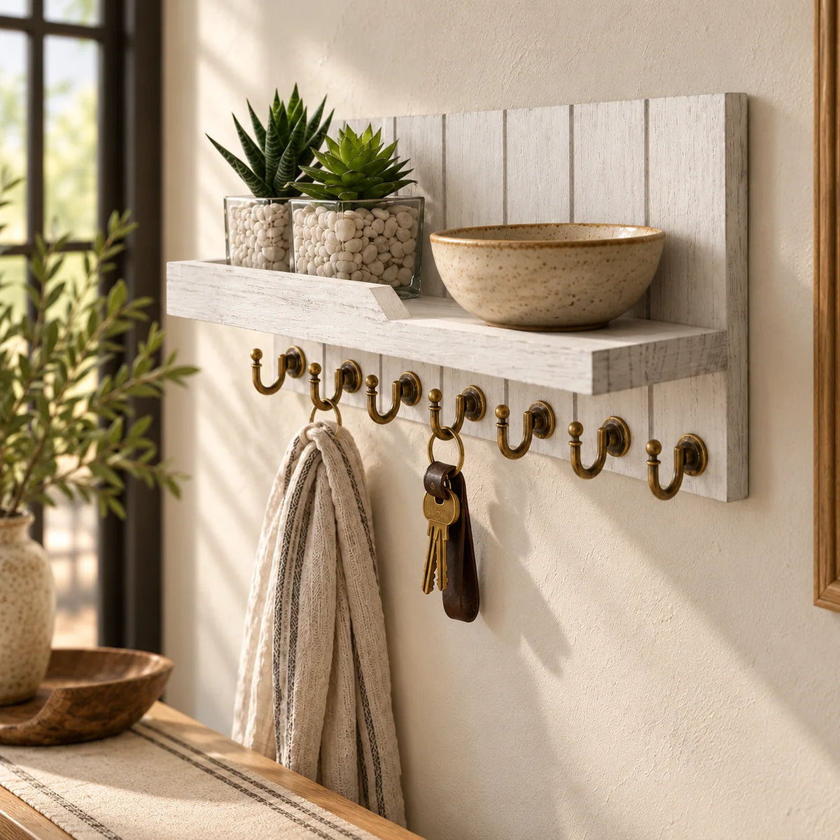 Vue de biais du porte-manteau mural blanc et de ses sept crochets dans la même entrée