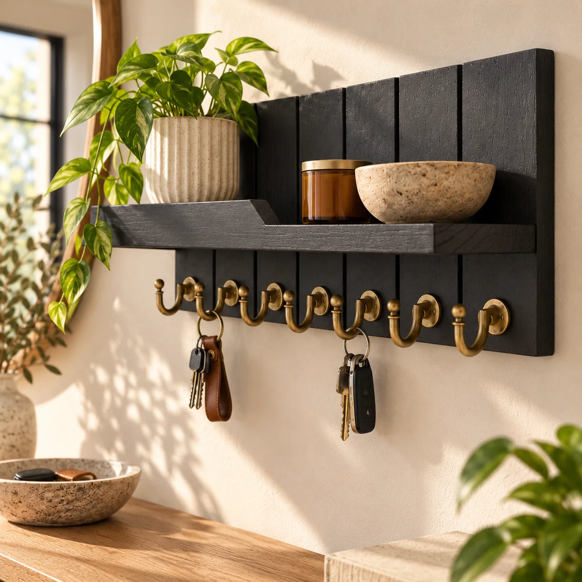 Vue rapprochée du porte-manteau mural noir avec tablette dans la même entrée