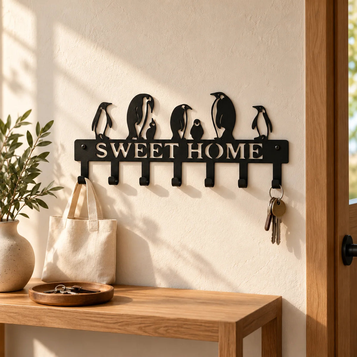 Porte-manteau SWEET HOME noir dans la même entrée avec un sac et des clés suspendus
