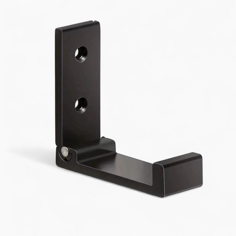 Photo originale d’une patère noire dépliée, plaque à deux fixations et bras articulé