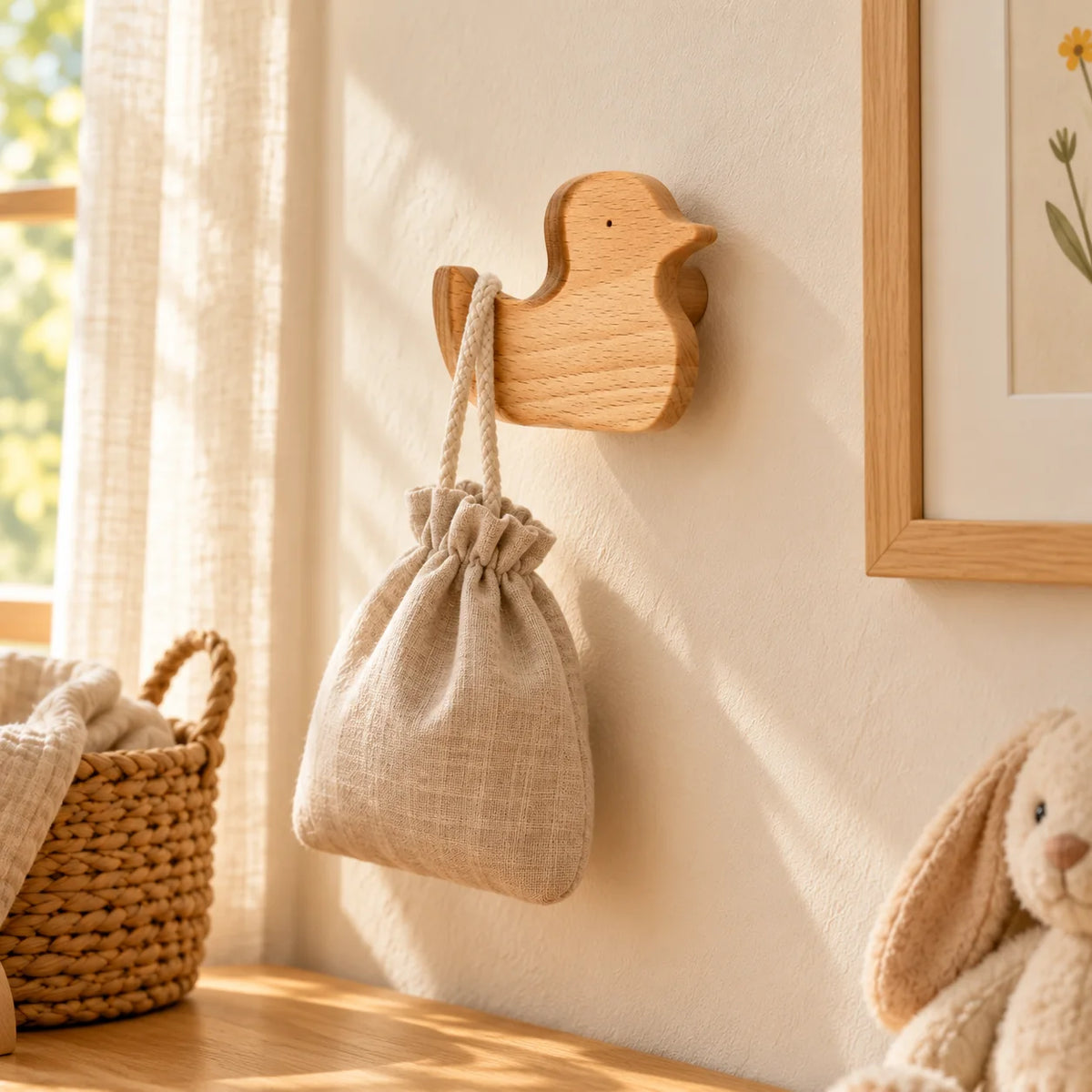 Patère canard en bois avec petit sac en lin suspendu dans la même chambre