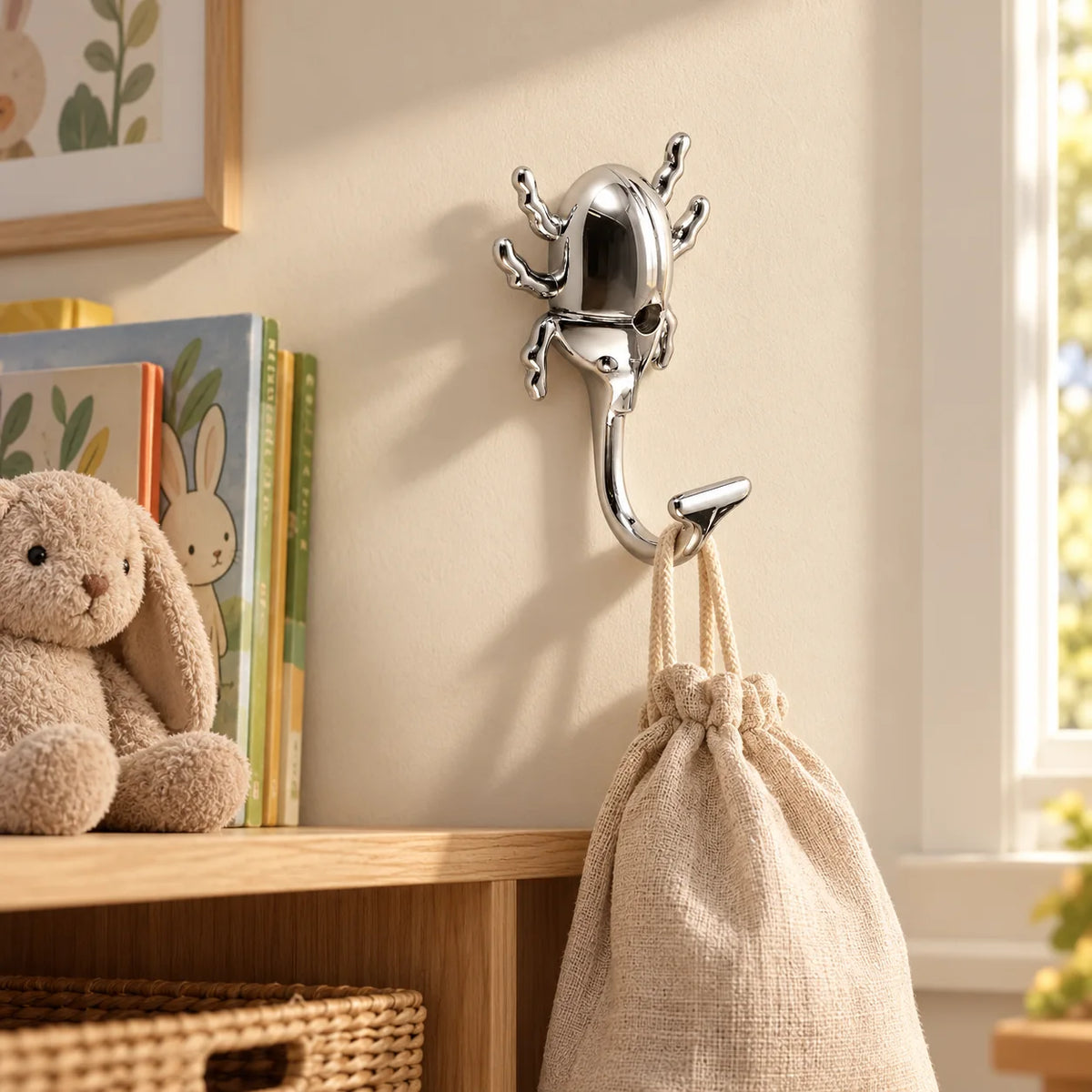 Patère murale insecte chromé argent dans une chambre avec petit sac suspendu