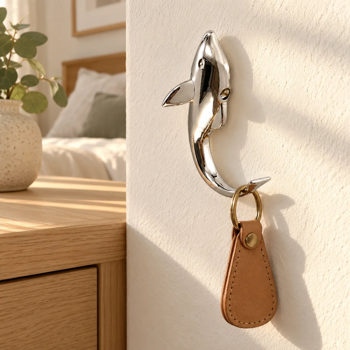 Patère dauphin argent dans une chambre avec porte-clés en cuir suspendu