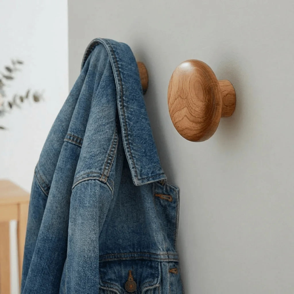 Patère ronde en bois brun foncé avec veste en jean, vue rapprochée