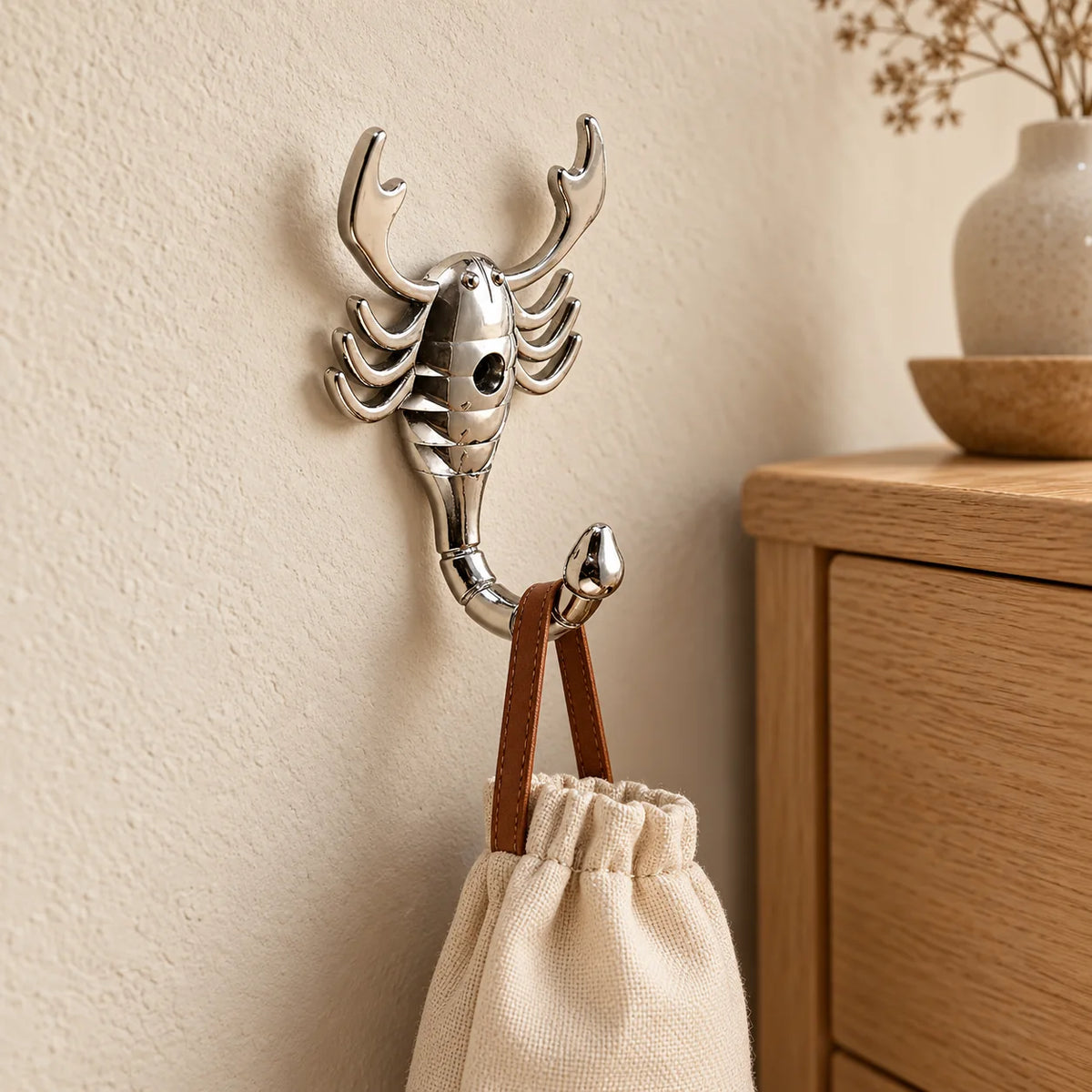Patère scorpion argent sur mur beige avec petite pochette suspendue