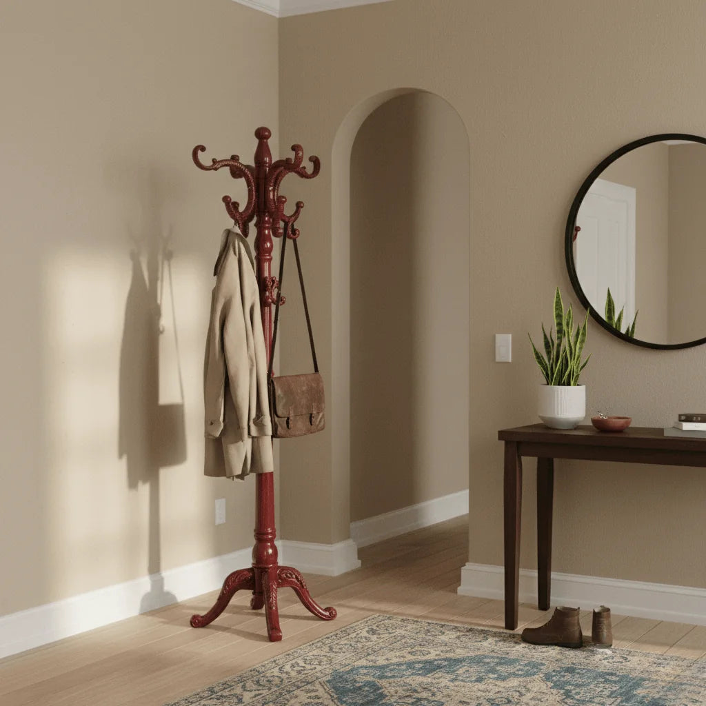 Autre angle du porte-manteau perroquet rouge avec manteau dans une entrée