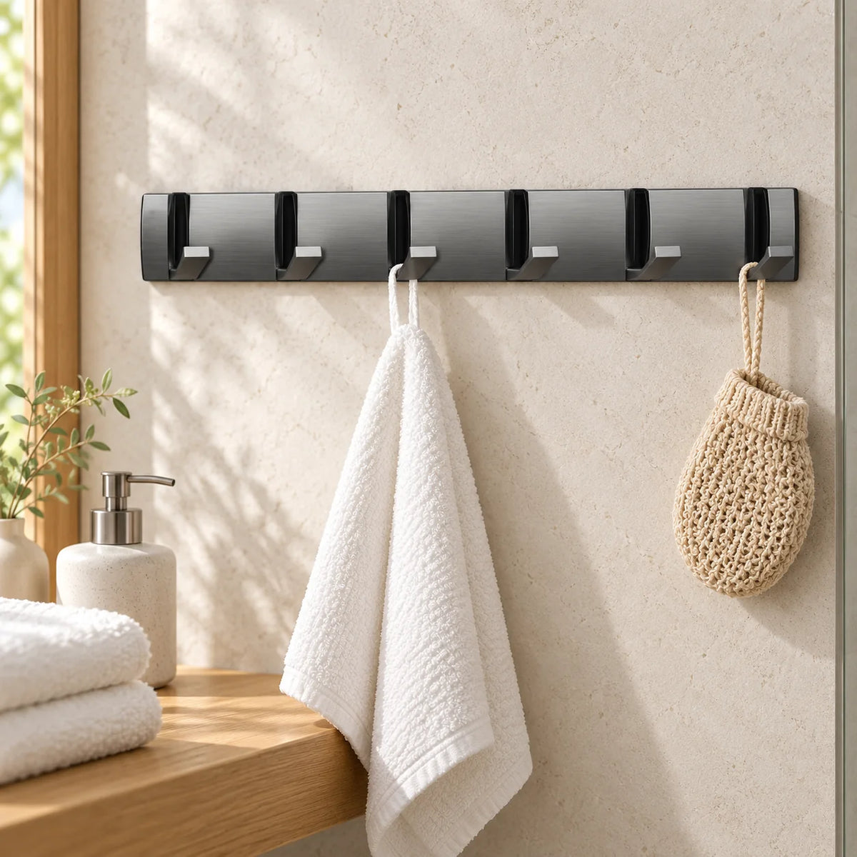 Porte-manteau mural gris rabattable avec serviette blanche dans une salle de bain lumineuse