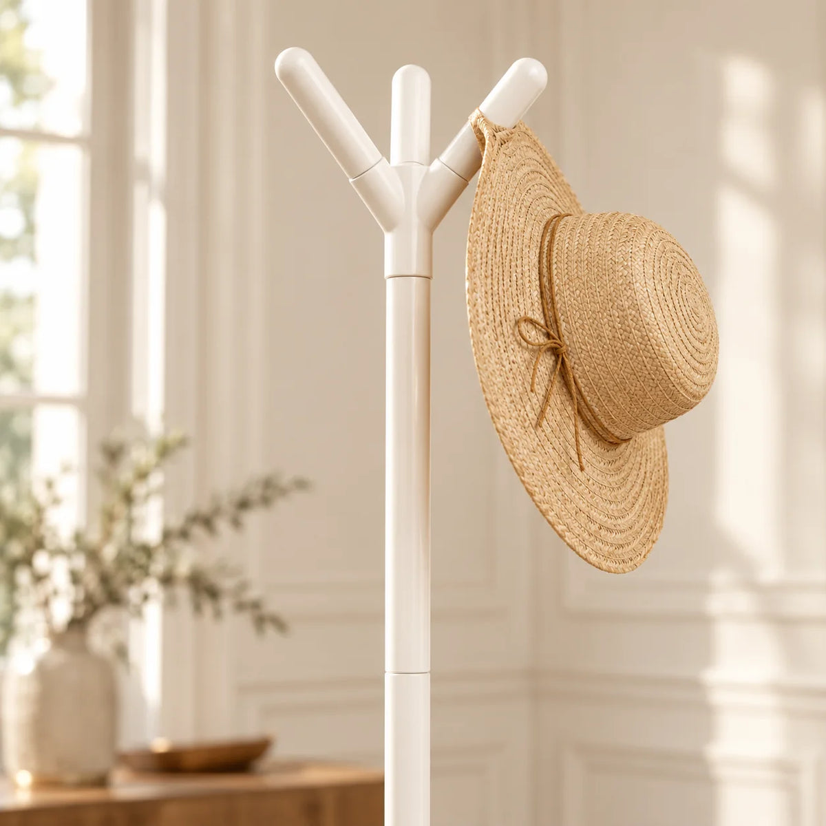 Détail des trois crochets arrondis supérieurs du porte-manteau blanc