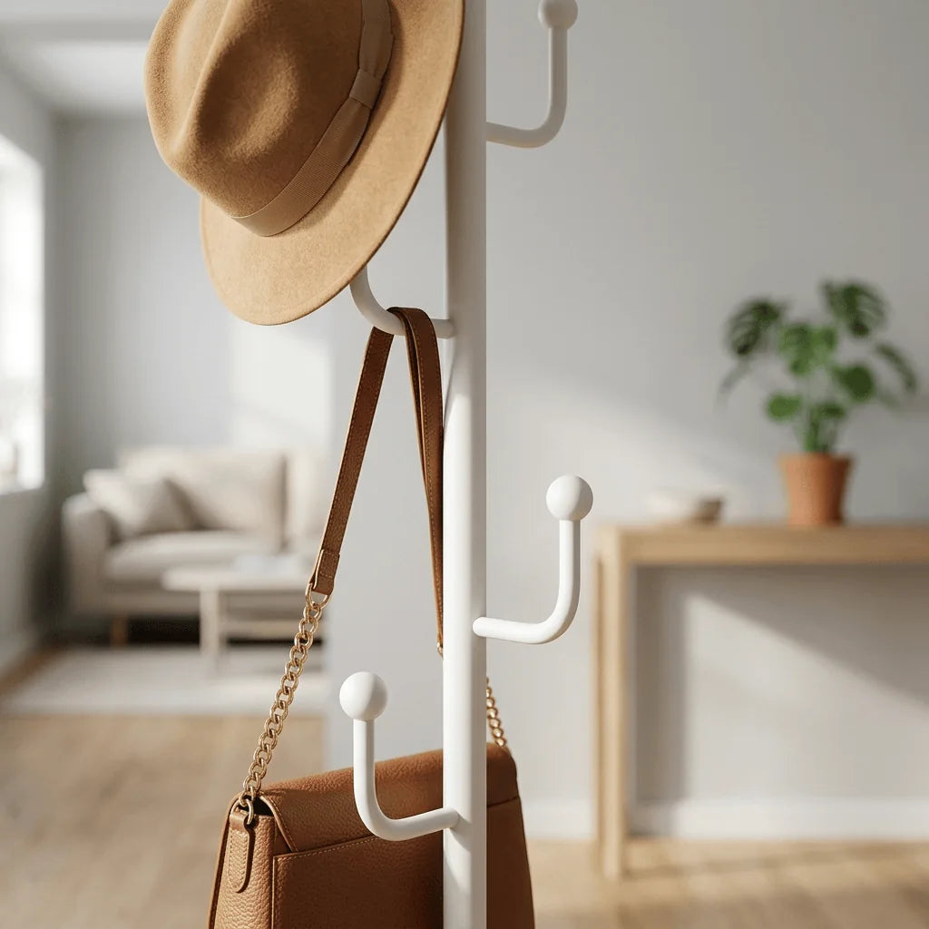 Gros plan des crochets blancs du porte-manteau avec chapeau et sac