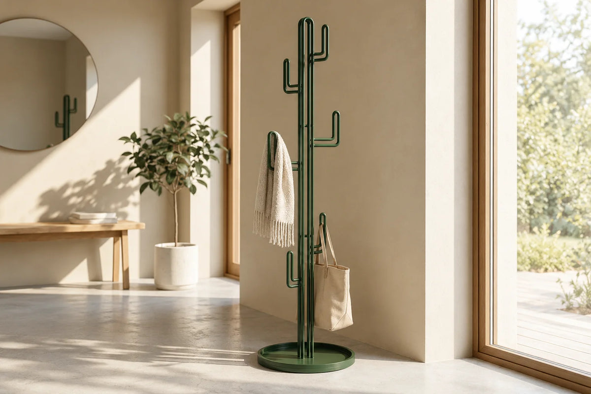Autre angle du porte-manteau cactus vert près de la fenêtre de l'entrée