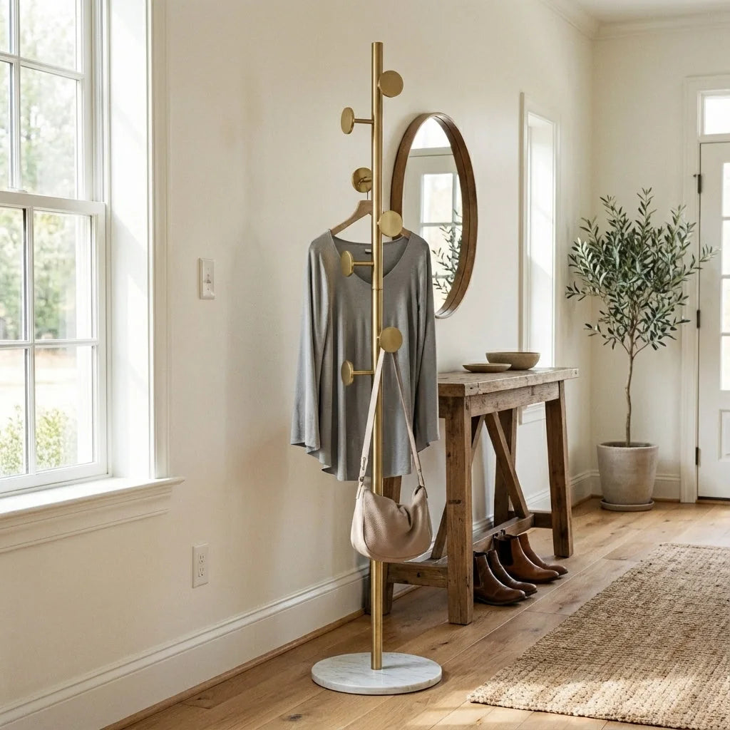 Porte-manteau champignon doré à base blanche avec vêtements dans une entrée, photo originale
