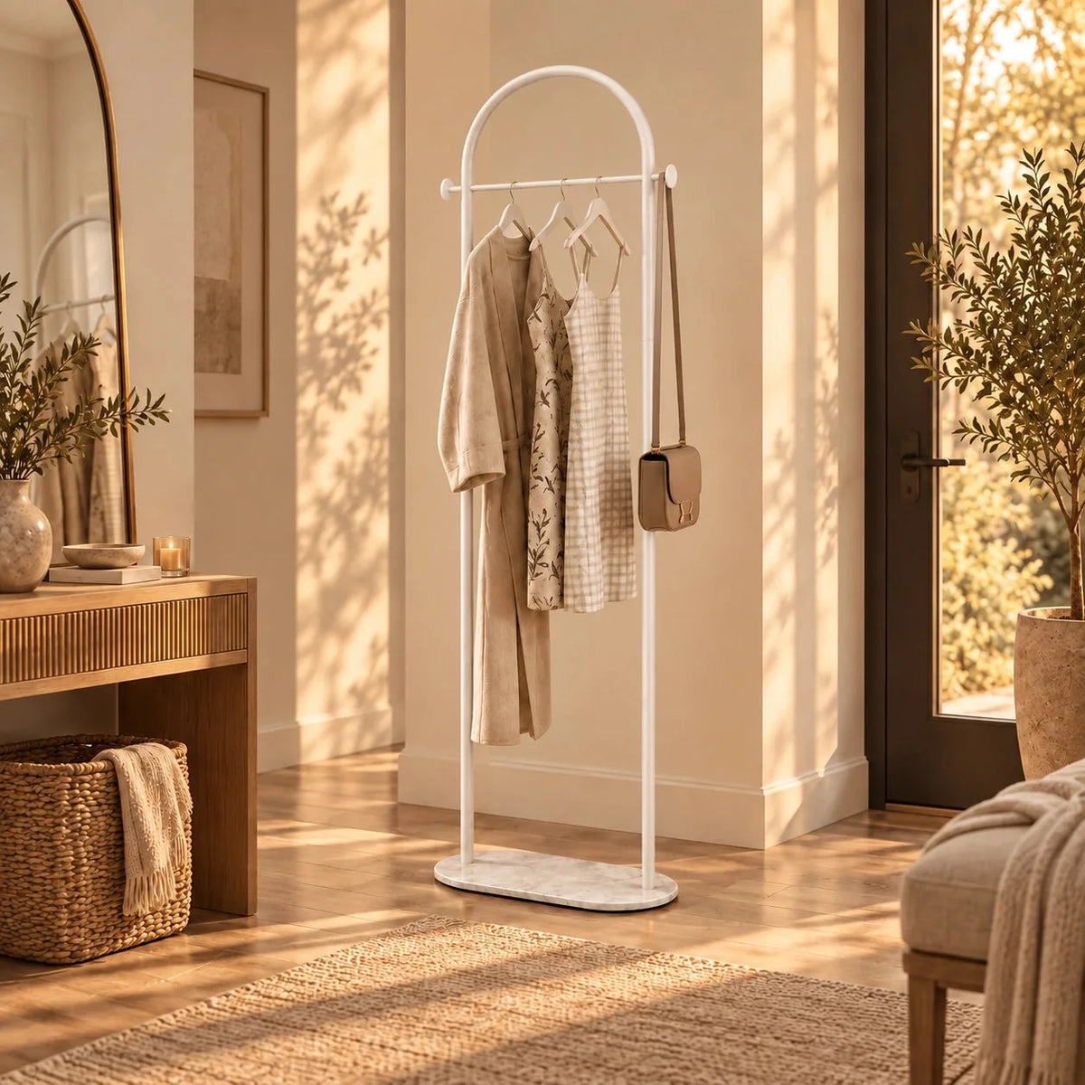 Porte-manteau courbé blanc dans une entrée avec miroir et console