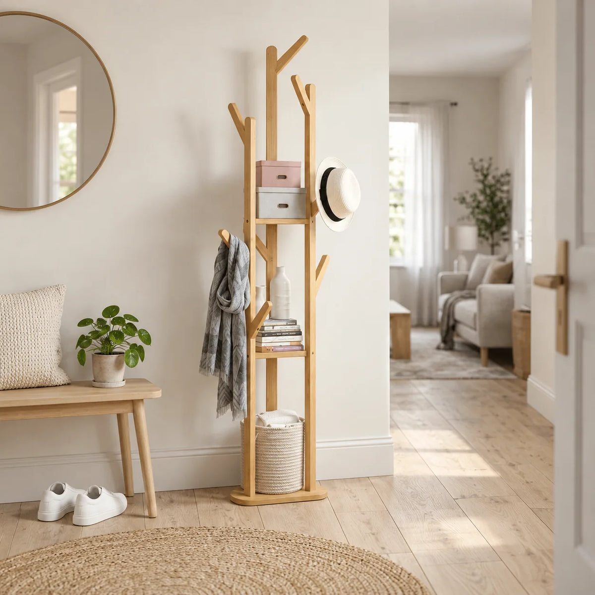 Porte-manteau en bois clair vu d'un autre angle dans une entrée naturelle