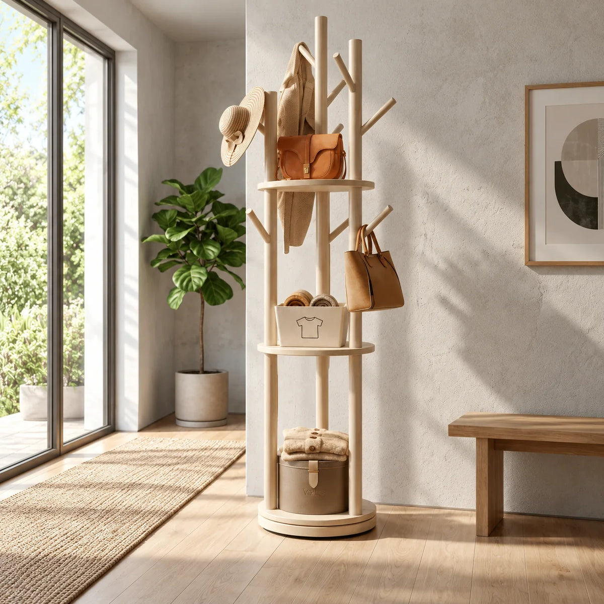 Autre vue du porte-manteau blanc à branches installé près du mur d'une entrée