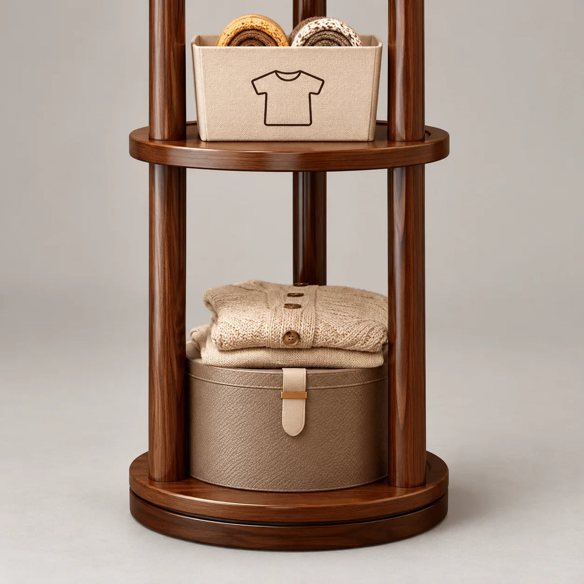 Détail des étagères circulaires et du rangement inférieur du porte-manteau en bois foncé
