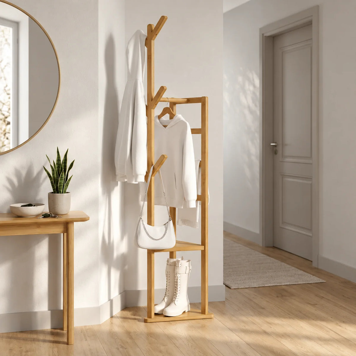 Autre vue du porte-manteau en bois clair installé dans une entrée