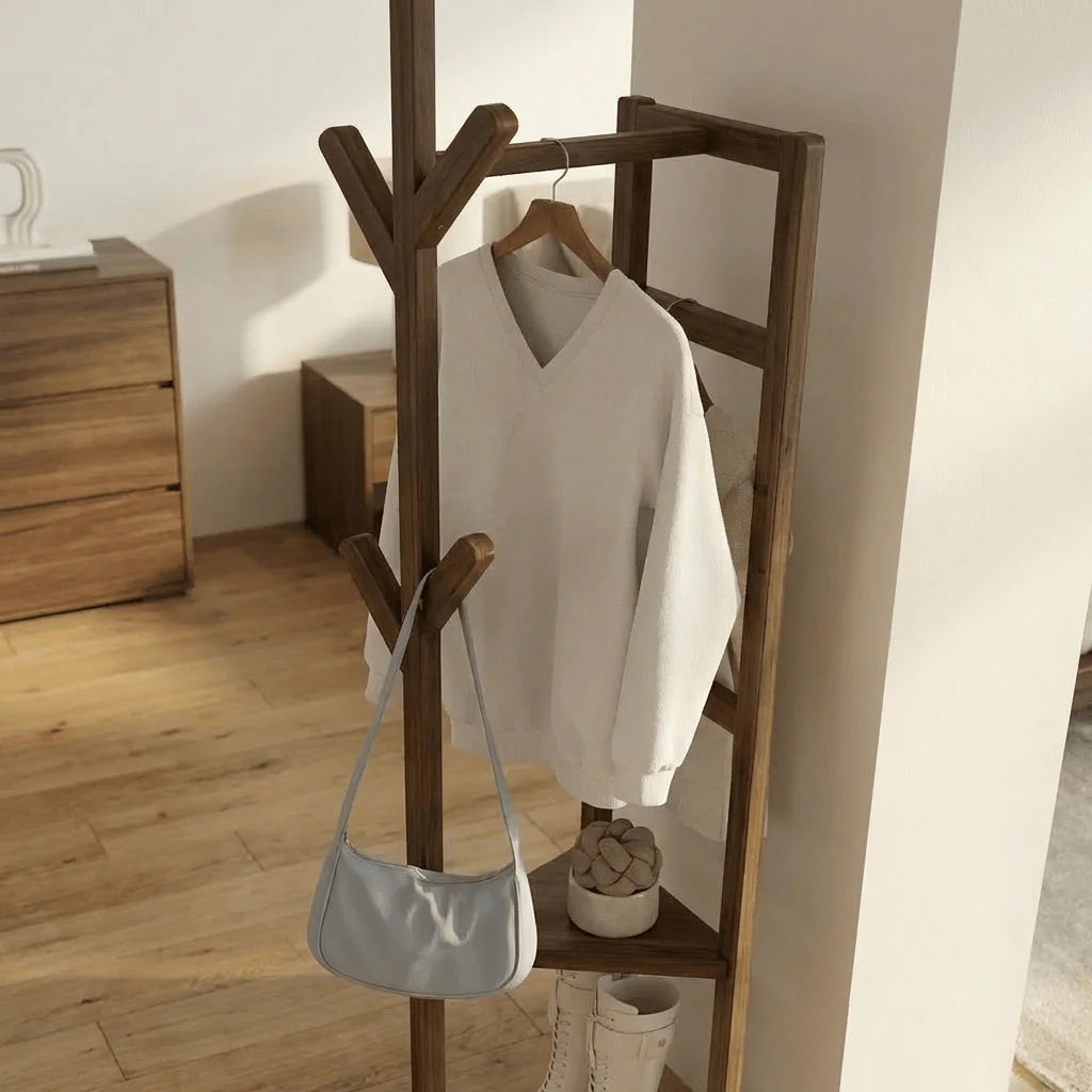 Vue rapprochée du porte-manteau multifonction en bois foncé et de son cadre de rangement