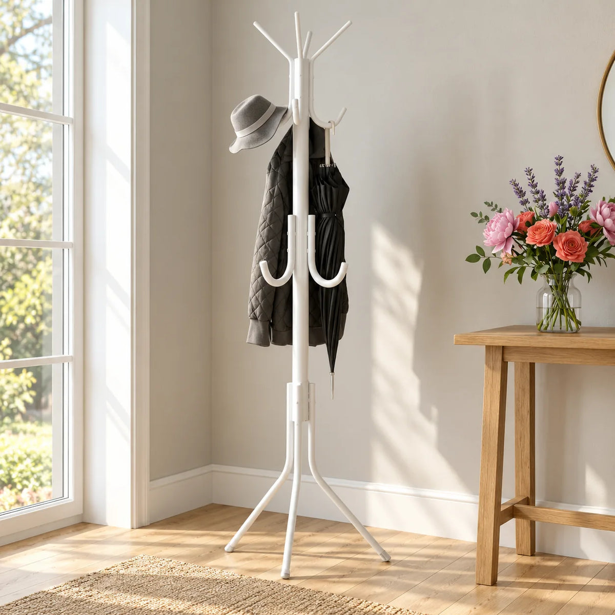 Autre angle du porte-manteau perroquet blanc dans une entrée lumineuse