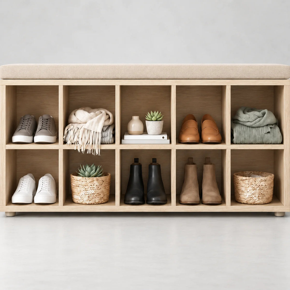 Détail des niches inférieures du banc à chaussures beige avec souliers et paniers