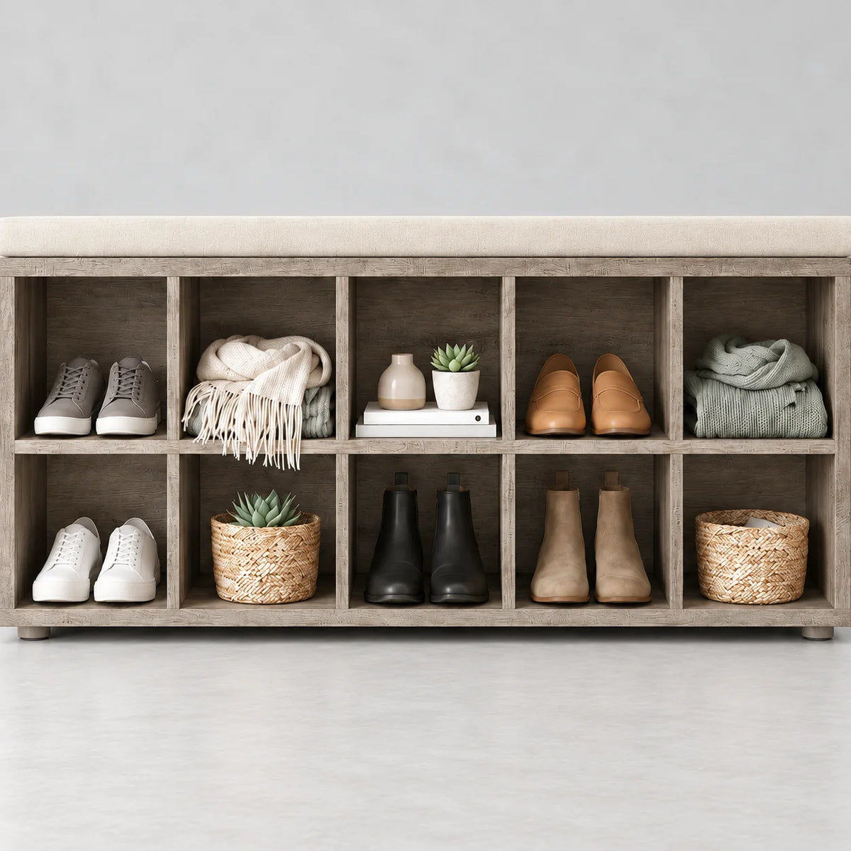 Détail des niches inférieures du banc à chaussures brun grisé avec souliers et paniers