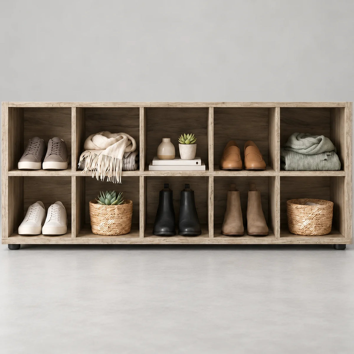 Détail des niches inférieures en bois grisé avec chaussures et paniers