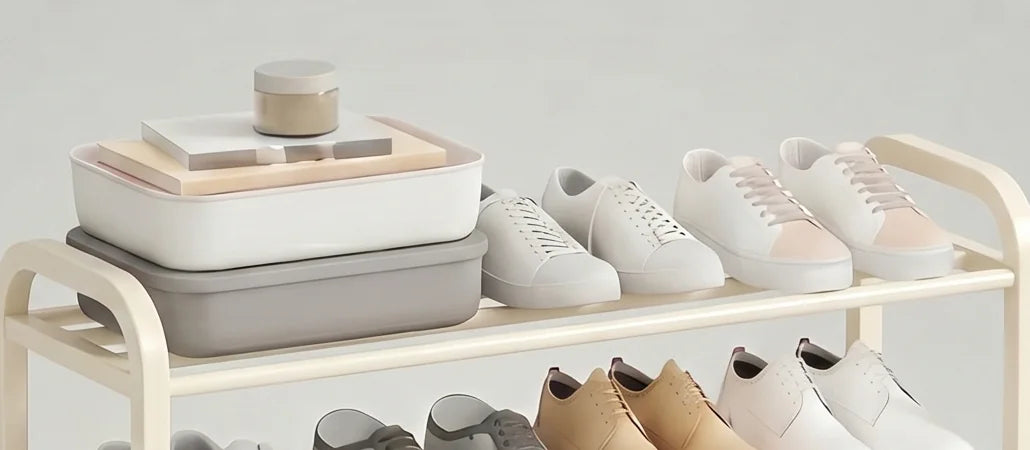 Détail du plateau supérieur avec boîtes de rangement grises et blanches, livres, pot et chaussures claires