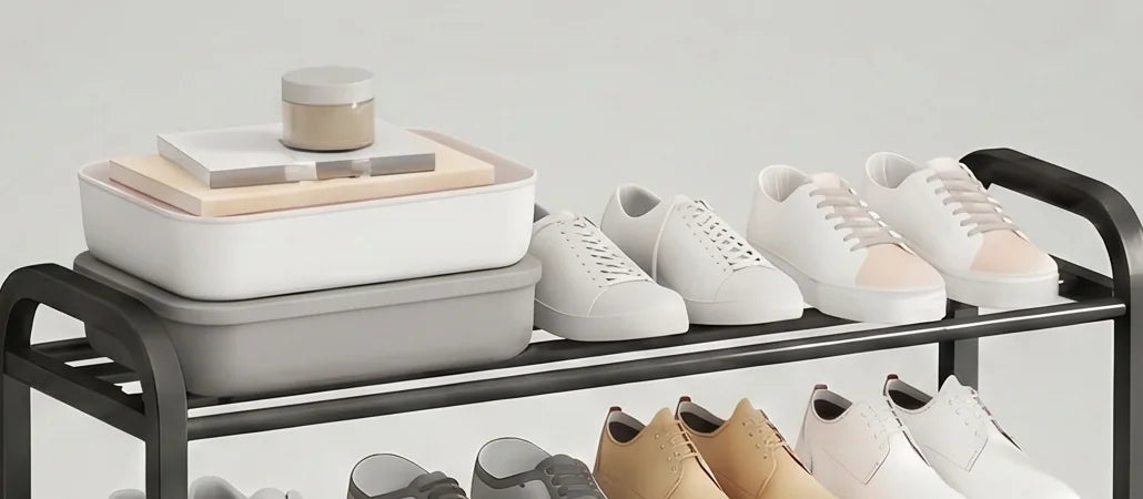 Détail du plateau supérieur avec boîtes de rangement grises et blanches, livres, pot et chaussures claires