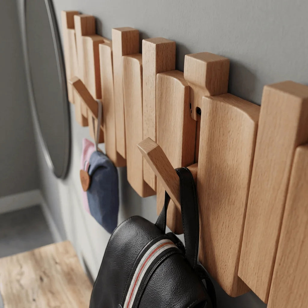 Gros plan original des crochets dépliés du grand porte-manteau en bois clair