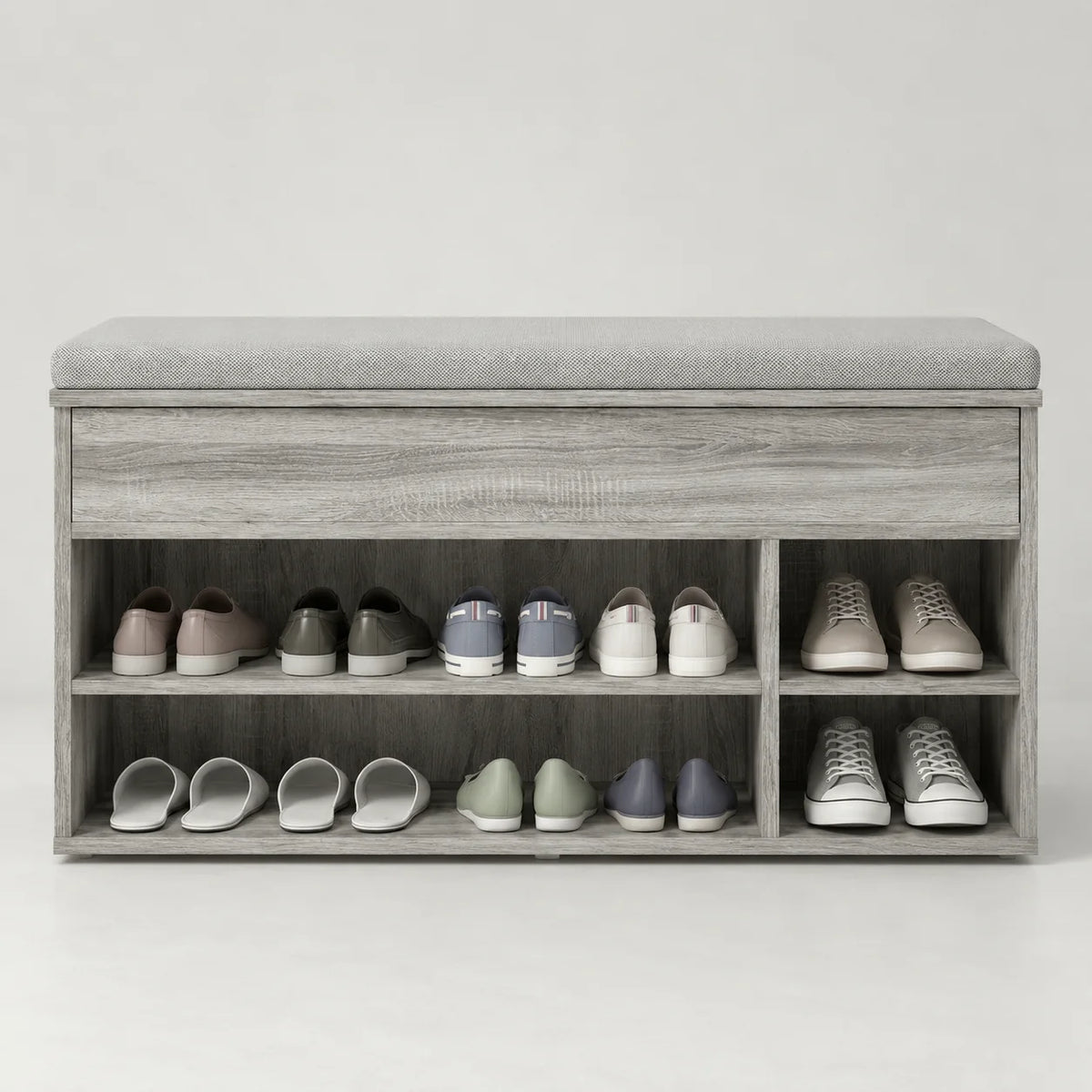 Détail des deux niveaux de rangement et des chaussures du banc en bois gris