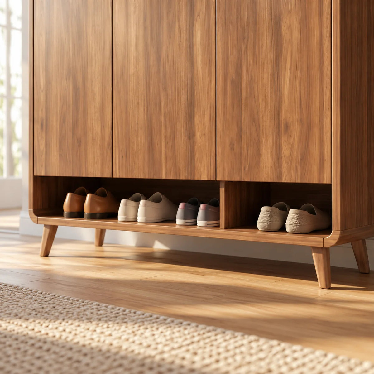 Détail du rangement ouvert inférieur avec chaussures et pieds du meuble en bois