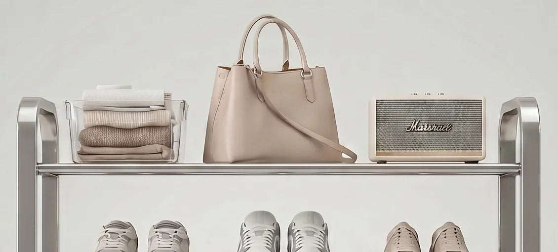 Détail de la tablette supérieure argentée avec serviettes pliées, sac beige et petite enceinte