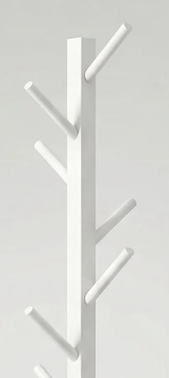 Détail des branches supérieures blanches sur le montant carré du porte-manteau