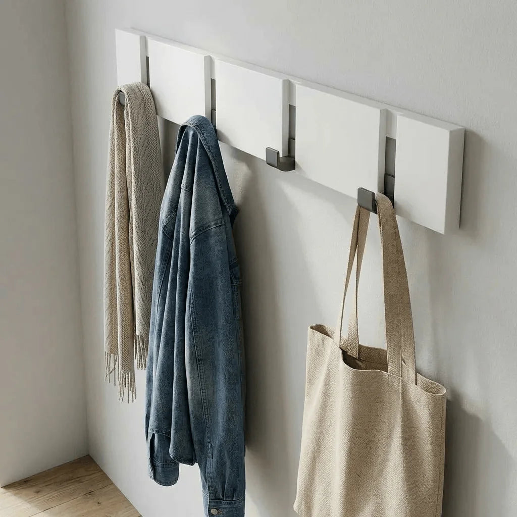 Porte-manteau mural blanc à quatre crochets noirs avec des vêtements suspendus, photo originale