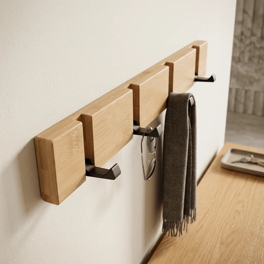 Porte-manteau mural en bois beige à quatre crochets vu de profil, photo originale